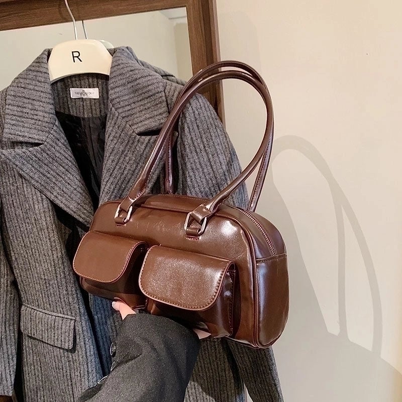 Women's Pu Leather Solid Color Vintage Style Classic Style Sewing Thread Square Zipper Underarm Bag