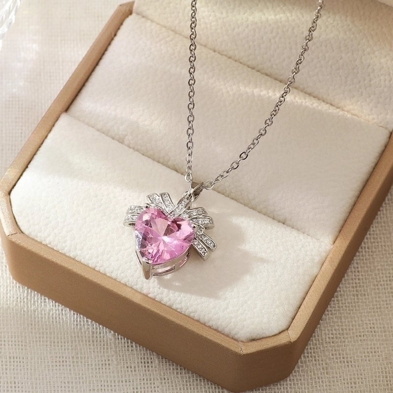 2 Pieces Vintage Style Heart Shape Flower Bow Knot Titanium Steel Copper Tassel Plating Inlay Zircon Pendant Necklace