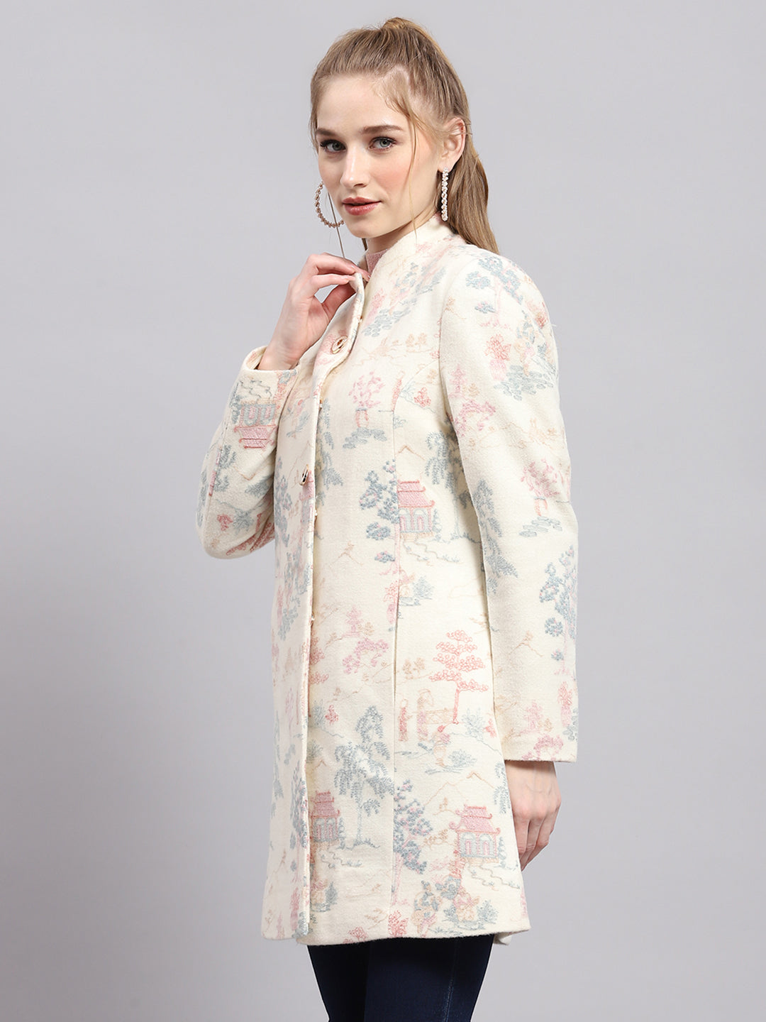 Women White Embroidered Mock Neck Full Sleeve Coat