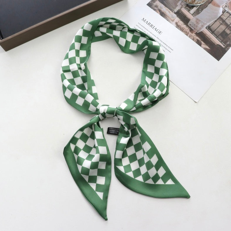 Checkered Silk Like Skinny Scarf