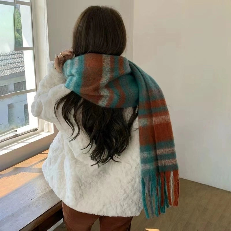 Autumn And Winter Thickened Scarf Women's  Rainbow Plaid Tassel Mohair Shawl Student Versatile Warm Scarf Fashion