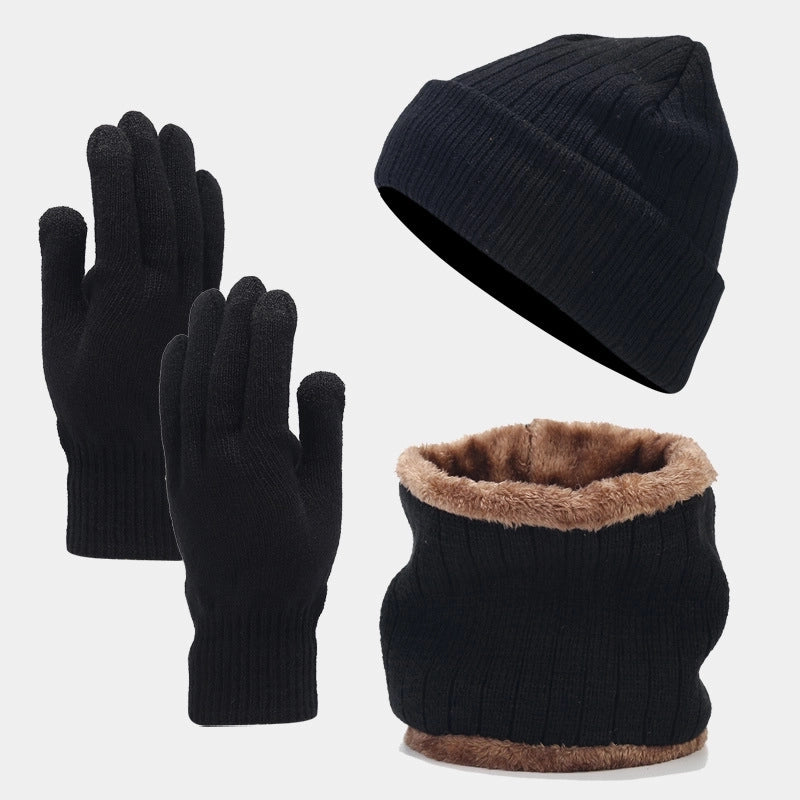 European And American Men's Fleece-lined Knitted Hat Scarf Gloves Three-piece Set Cold-proof Thickened Windproof Riding Warm Suit For Women