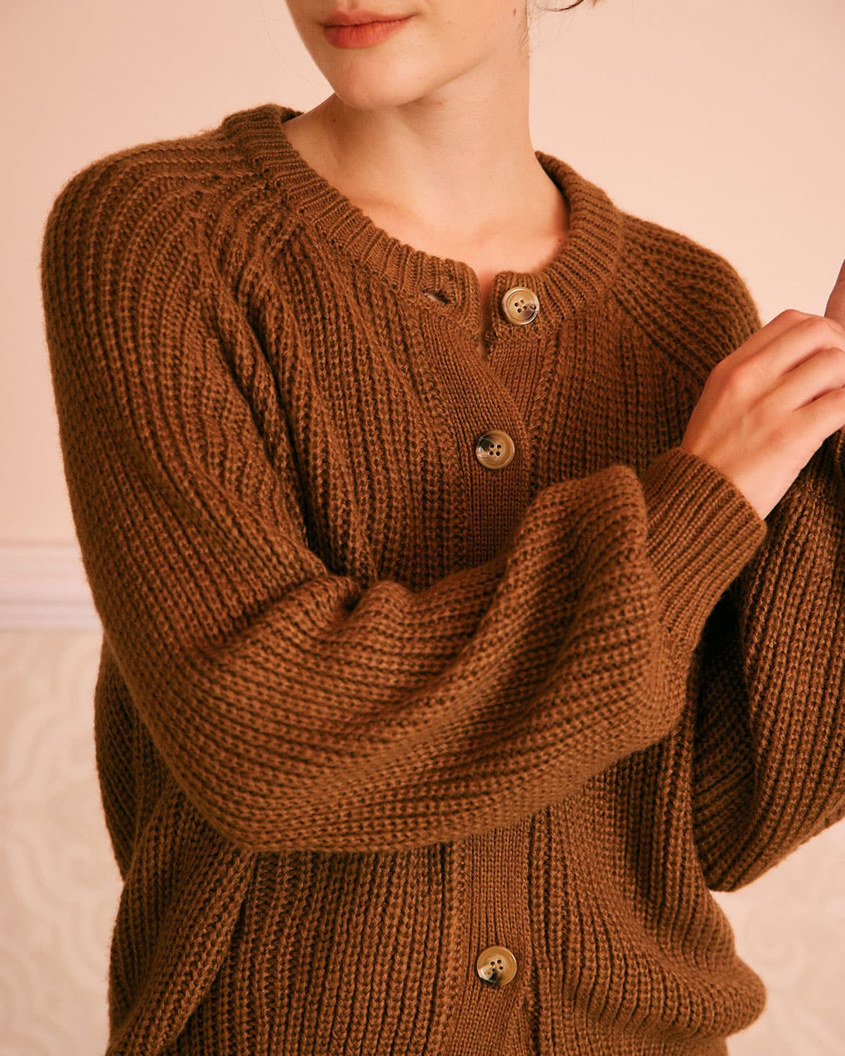 The Brown Round Neck Ribbed Knit Cardigan