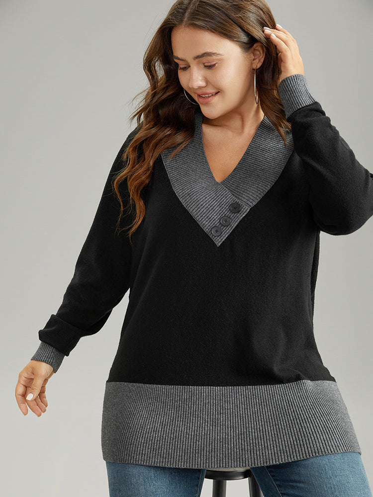 Supersoft Essentials Contrast Deep V Neck Button Detail Pullover