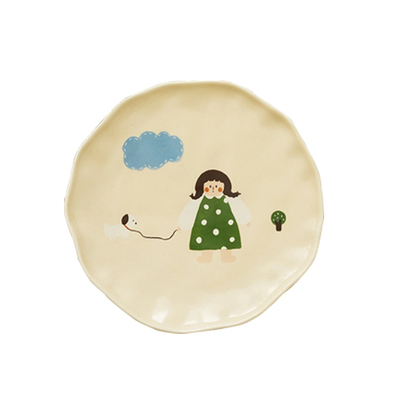 Vintage Girl's Dinner Plate Cute Plate Household Ceramic Plate Cartoon Plate Rice Bowl Small Bowl Mug With Lid