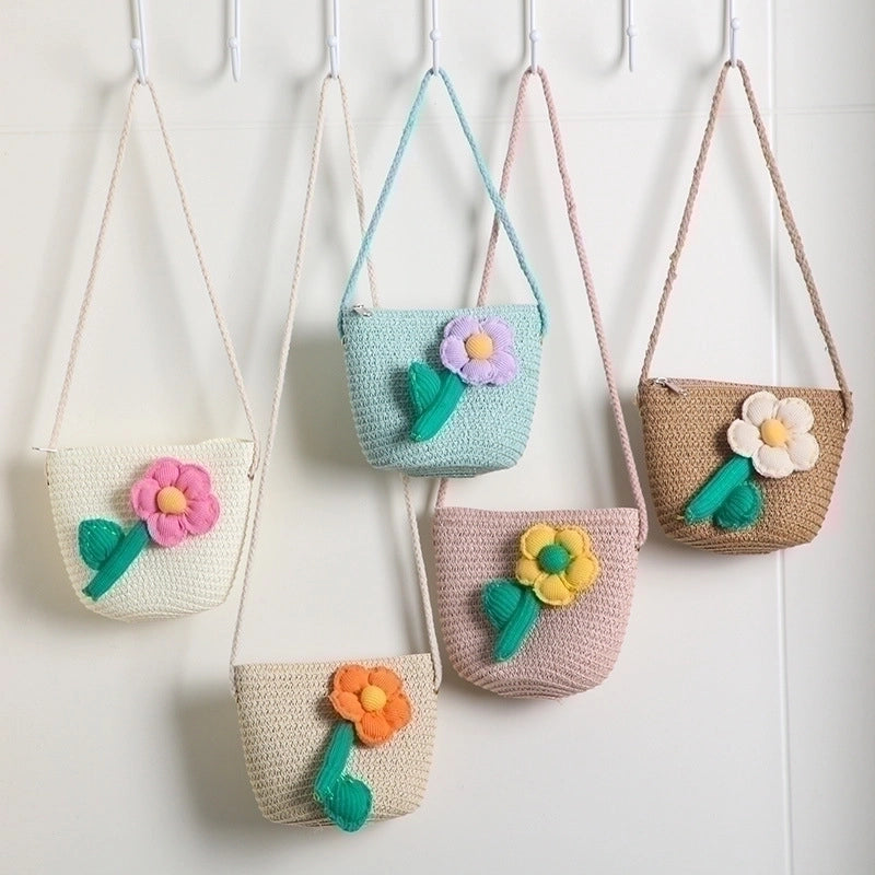 Women's Mini Straw Flower Bow Knot Fashion Bucket Zipper Shoulder Bag Handbag Crossbody Bag
