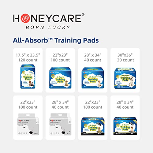 Honey Care All-Absorb. Small 17.5 x 23.5. 120 Count. Dog and Puppy Training Pads. Ultra Absorbent and Odor Eliminating. Leak-Proof 5-Layer Potty Training Pads with Quick-Dry Surface. Blue. A05