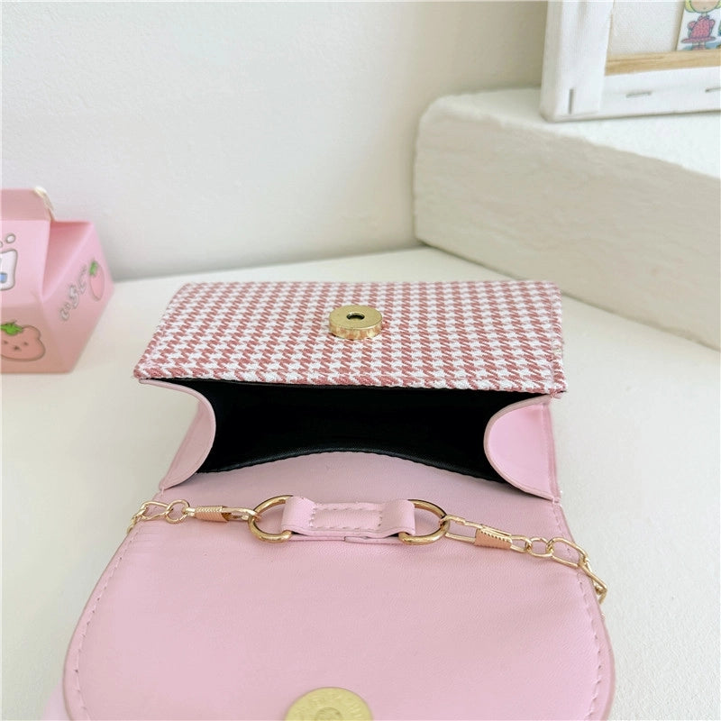 Girl's Pu Leather Houndstooth Bow Knot Cute Pearls Sewing Thread Square Magnetic Buckle Handbag
