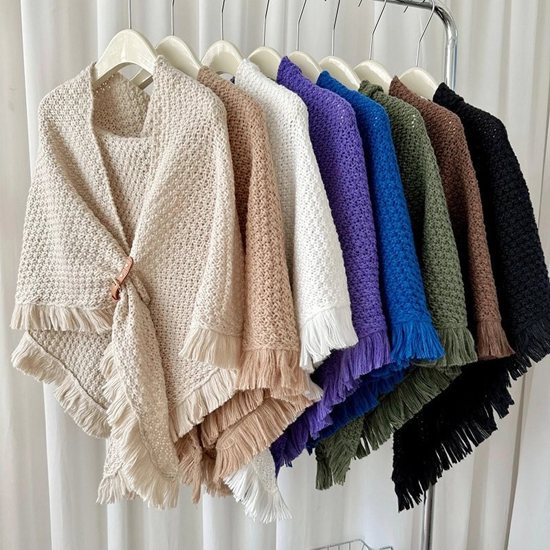Autumn And Winter New Tassel Cape Shawl Versatile Thick Warm Neck Protection Solid Color Knotted Scarf Outer Waistcoat