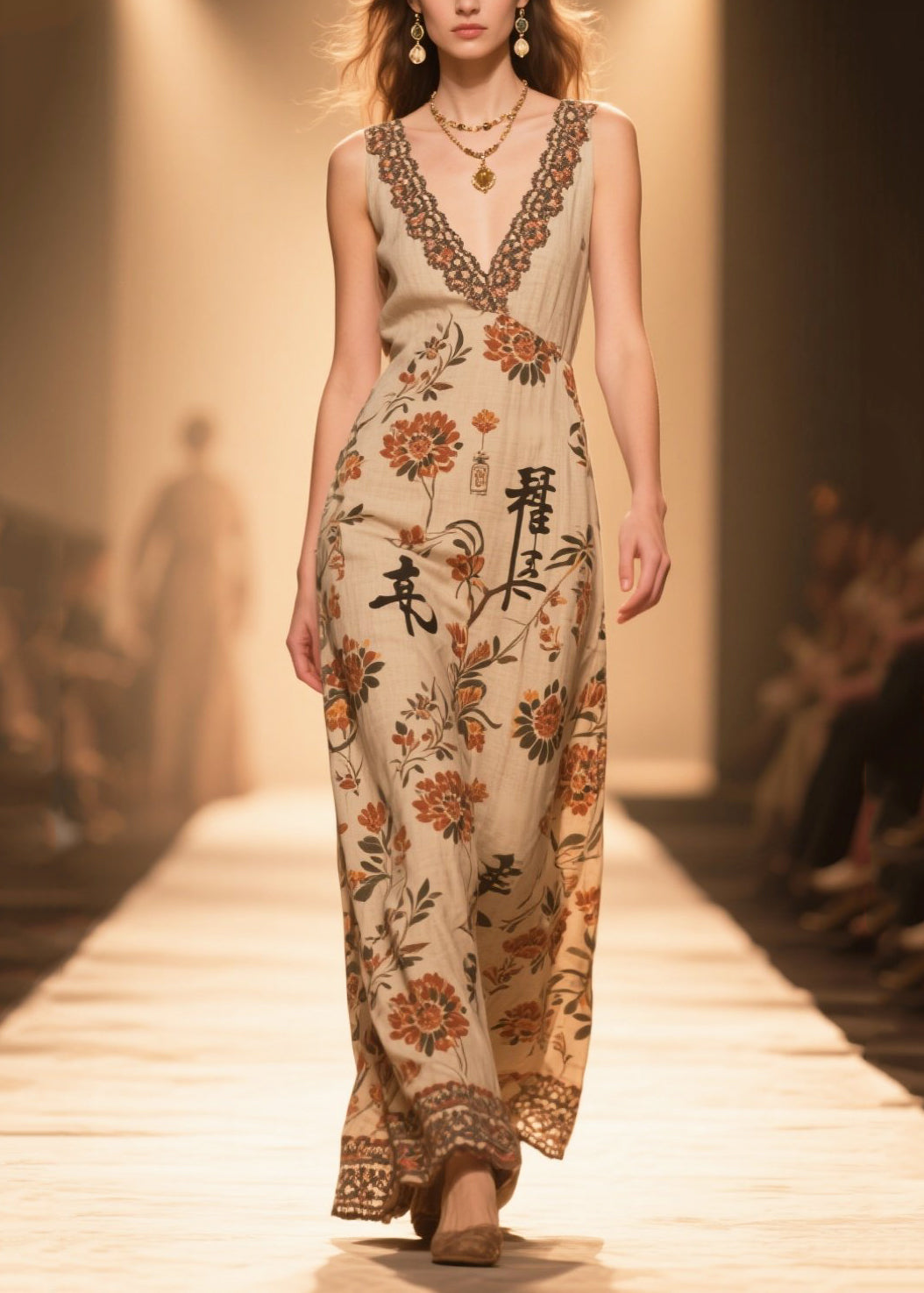 Handmade Coffee V Neck Print Cotton Straight Dress Sleeveless