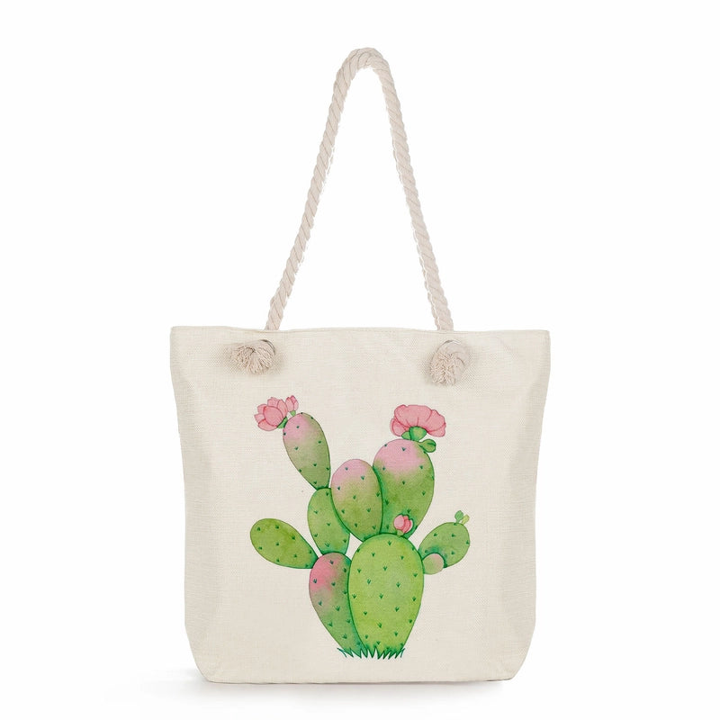 Women's Medium Linen Cactus Vacation Classic Style Square Zipper Tote Bag Beach Bag