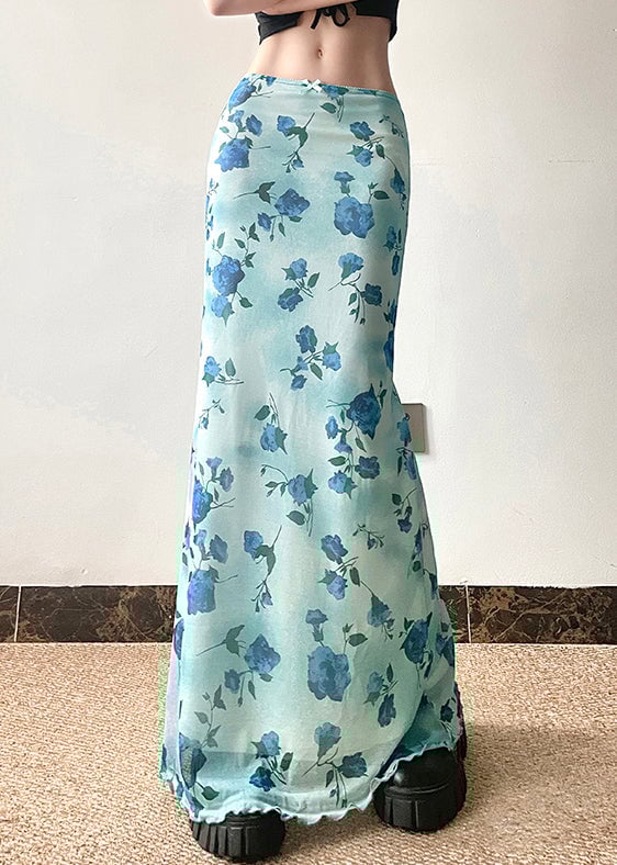 Slim Fit Blue Print High Waist Tulle Skirt Summer