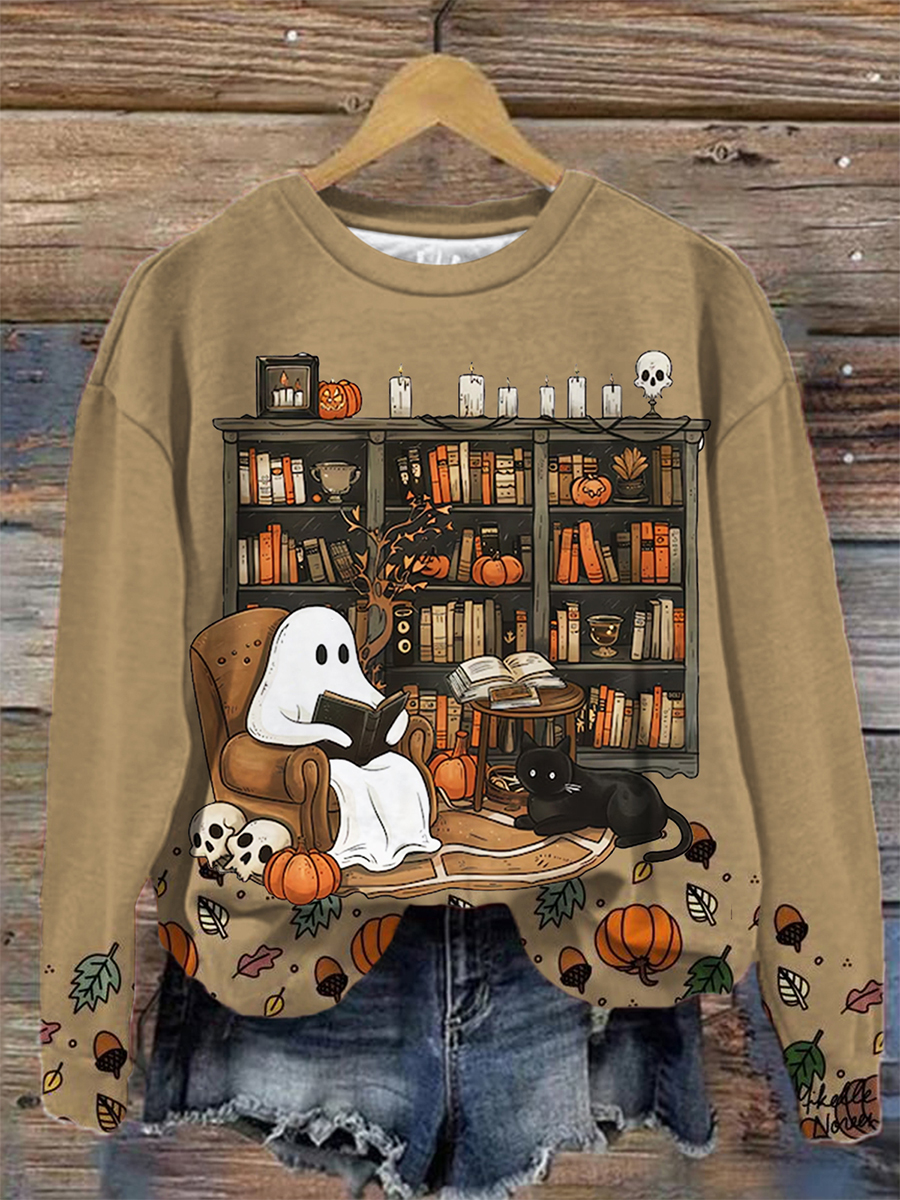 Women's Halloween Funny Ghost Cat Print Casual Top