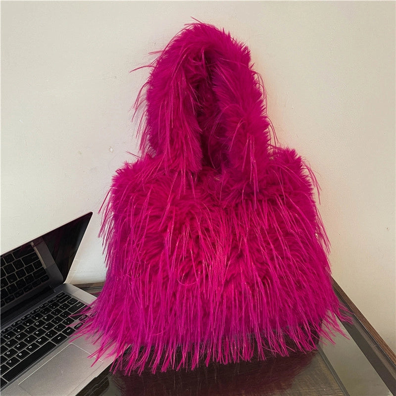 Large Capacity Plush Bag Women's Western Style Tassel Shoulder Bag Tote Bag Furry Bag