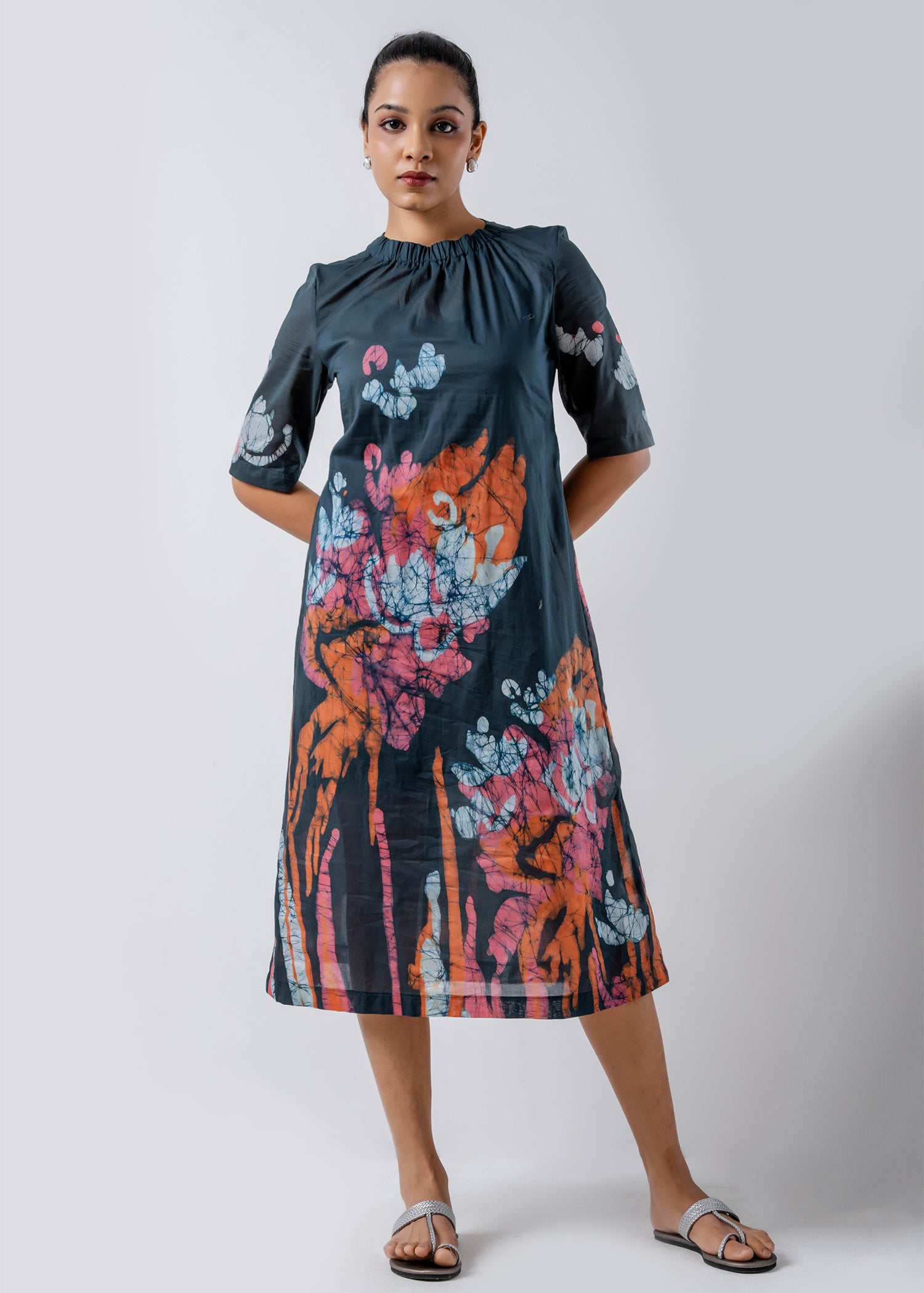 Batik Floral Elasticated High Neck Dress