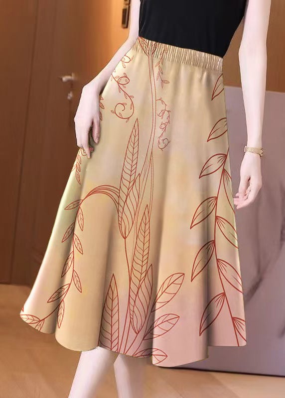 New Khaki Print Elastic Waist Cotton Skirt Summer