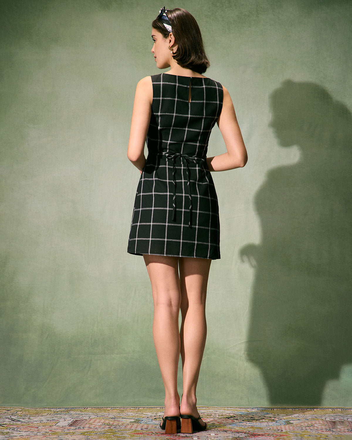 The Black Boat Neck Cotton Linen Plaid Mini Dress