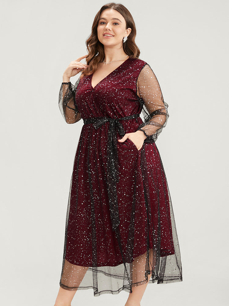 Polka Dot Lantern Sleeve Surplice Neck Mesh Belted Dress