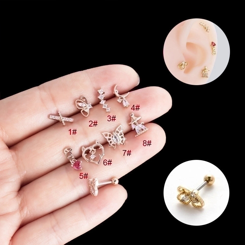 1 Piece Ear Cartilage Rings & Studs Streetwear Heart Shape Butterfly Copper Plating Inlay Zircon