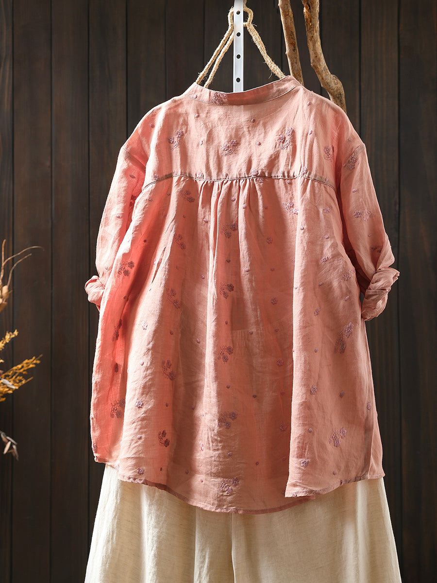 Women Summer Embroidery 100%Ramie Stand Collar Shirt