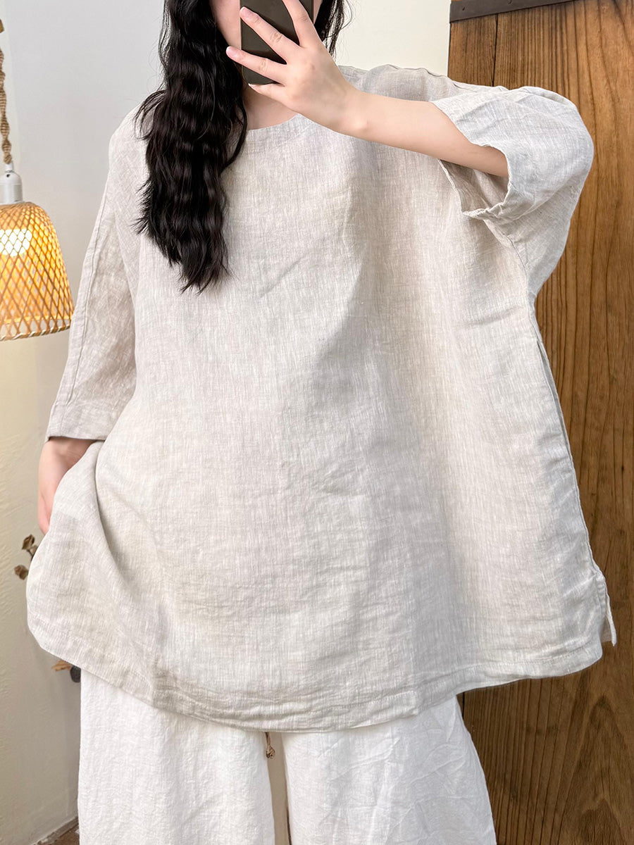 Women Summer Pure Color O-Neck Hemp Shirt