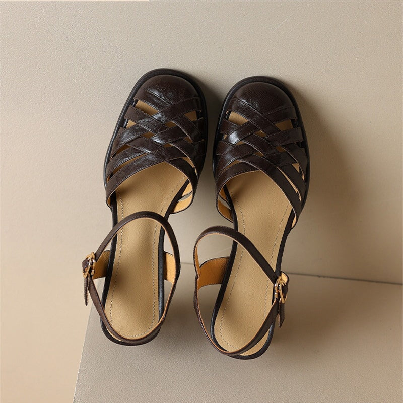 Designer Fisherman Shoes 50mm Block Heel Leather Gladiator Sandals in Black/Brown