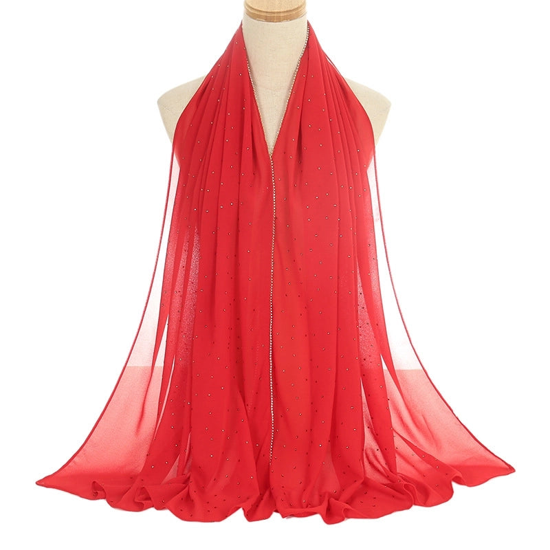 New Rhinestone Chain Pearl Chiffon Long Scarf Casual Diamond Headscarf Scarf Scarf Women's Scarf