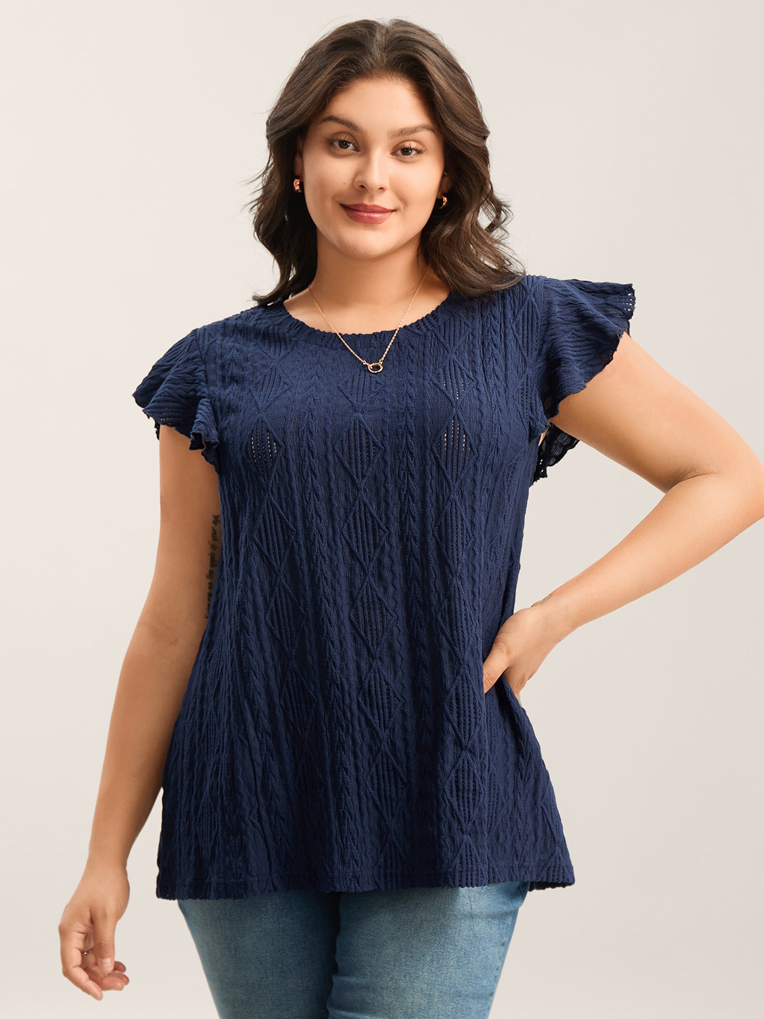 Textured Solid Flutter Sleeve Plain Top