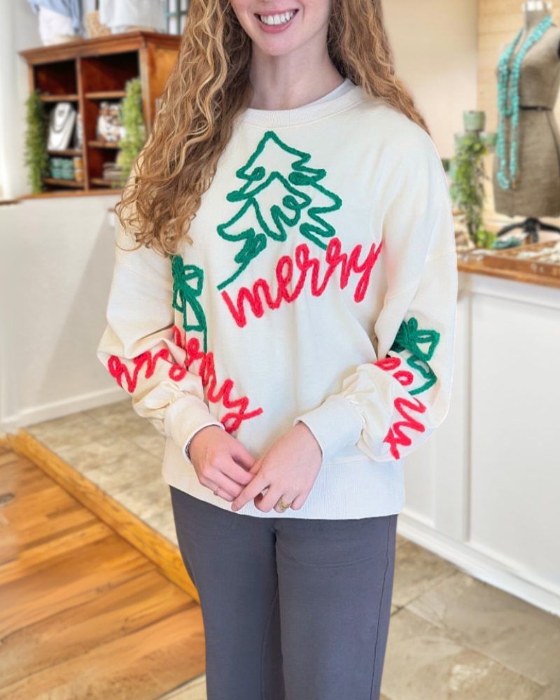 Merry Christmas Tree Embroidered Sweatshirt