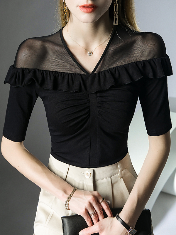 Half Sleeves Skinny Pleated Ruffle Trim Solid Color Split-Joint V-Neck T-Shirts Tops