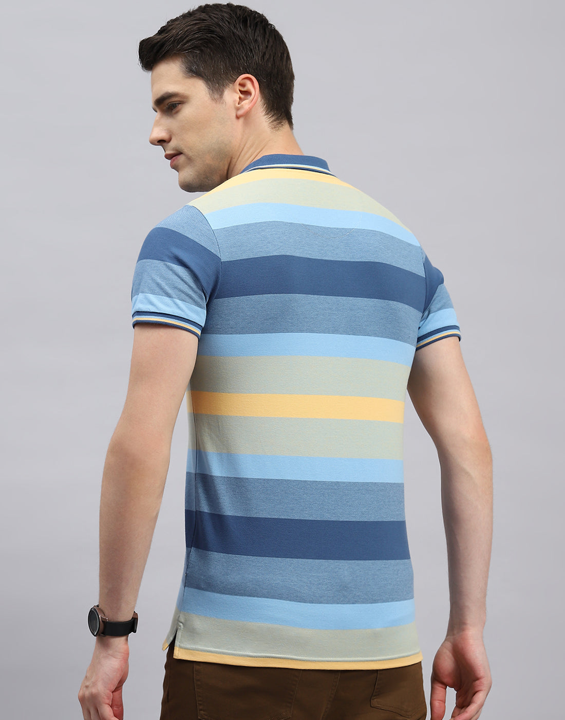 Men Light Blue Stripe Polo Collar Half Sleeve T-Shirt