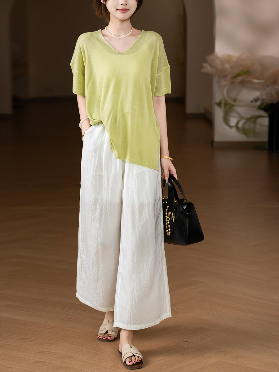 Women Summer Casual Pure Color Knitted V-Neck Shirt