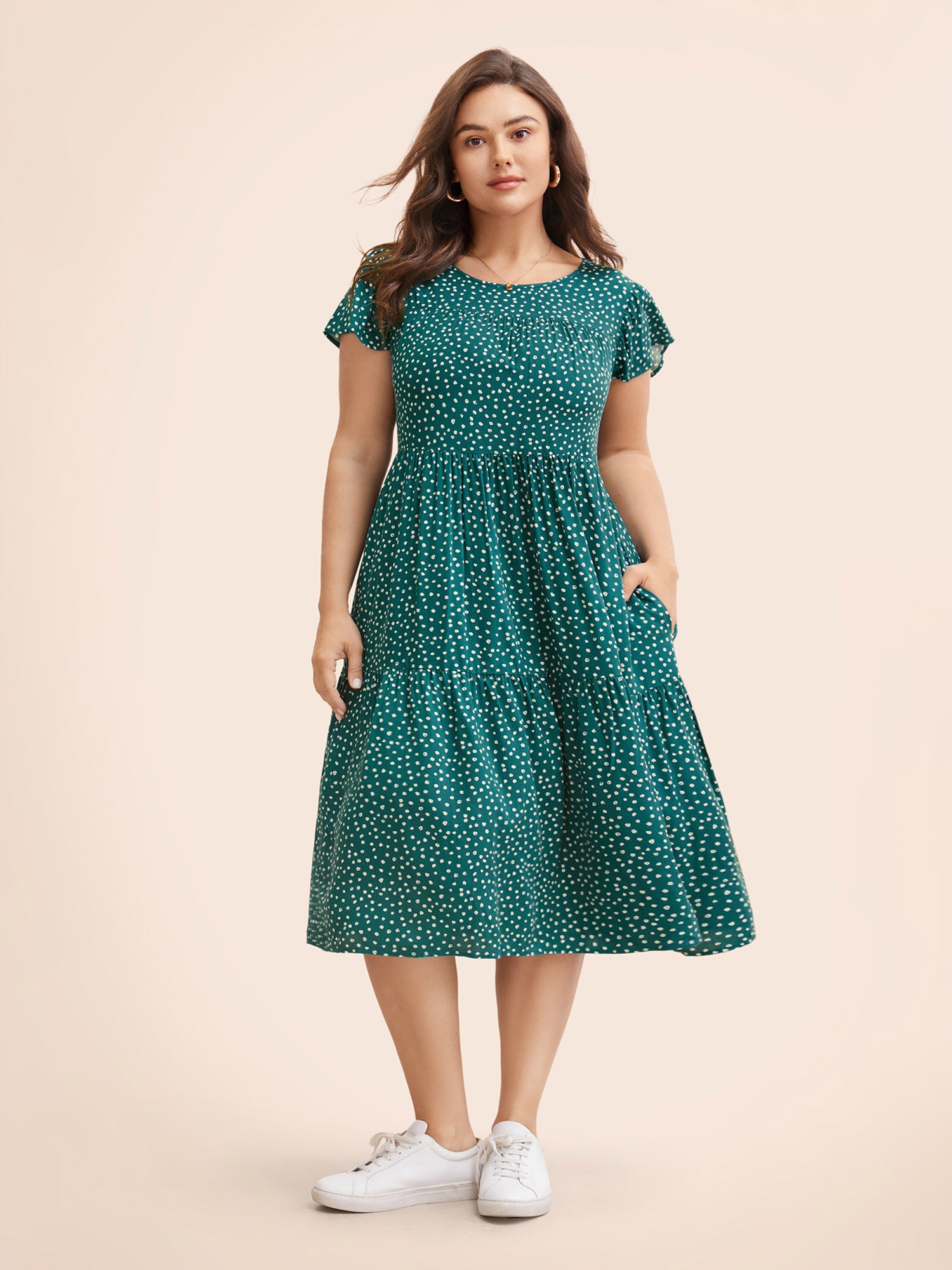 Polka Dot Pocket Cap Sleeve Gathered  Layered Dress