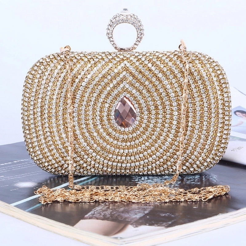 Gold Pu Leather Solid Color Rhinestone Square Evening Bags