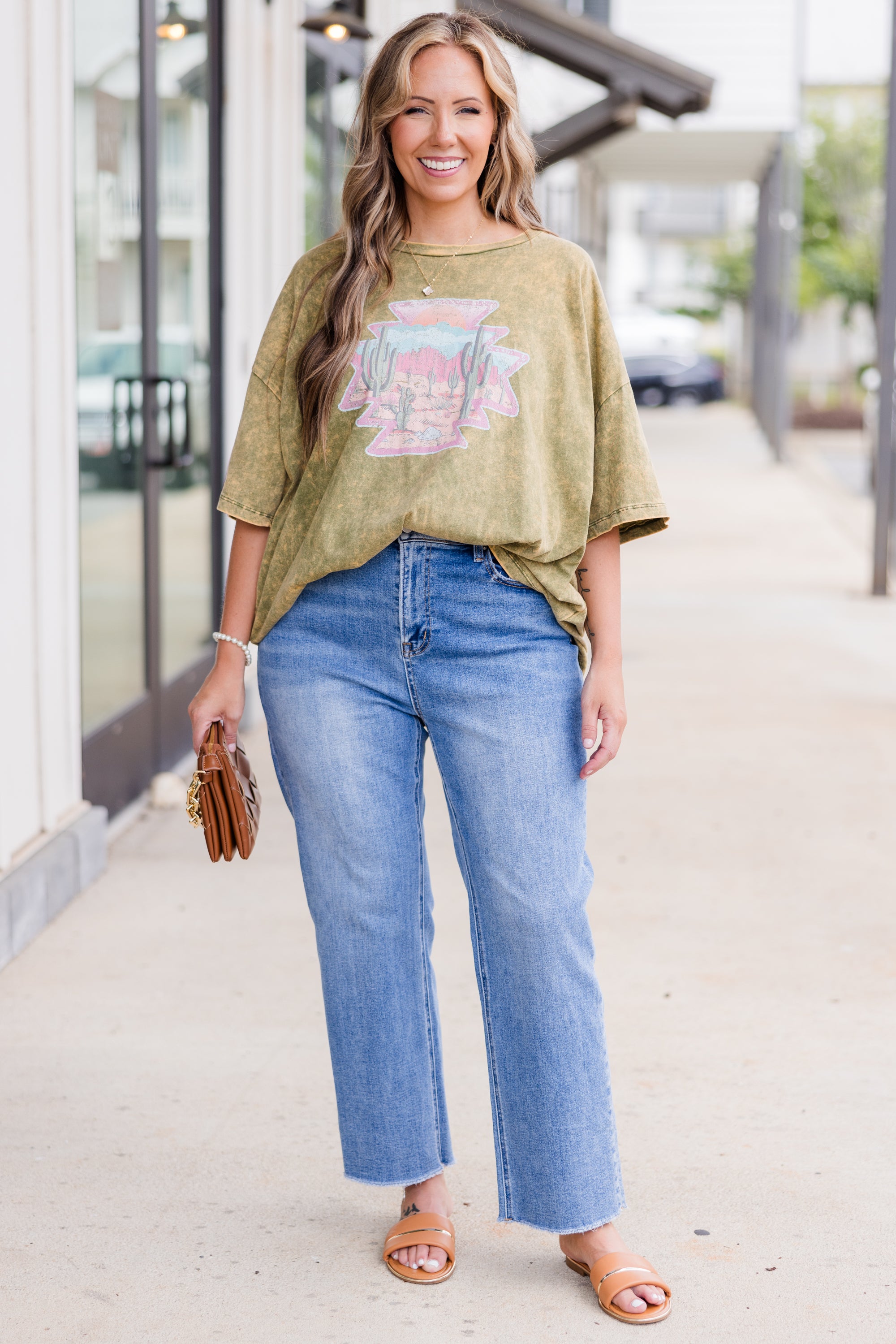 Wild Out Here Acid Wash Boyfriend Tee. Golden Olive