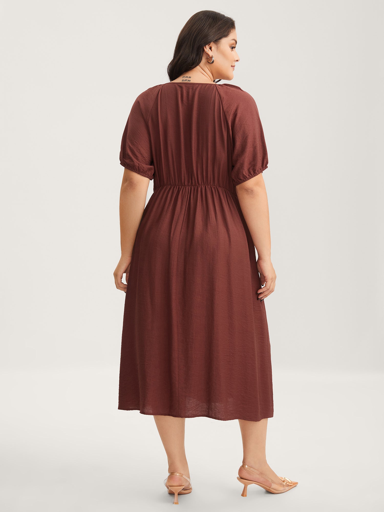 Rayon Pleated Waist-Cut Midi Dress