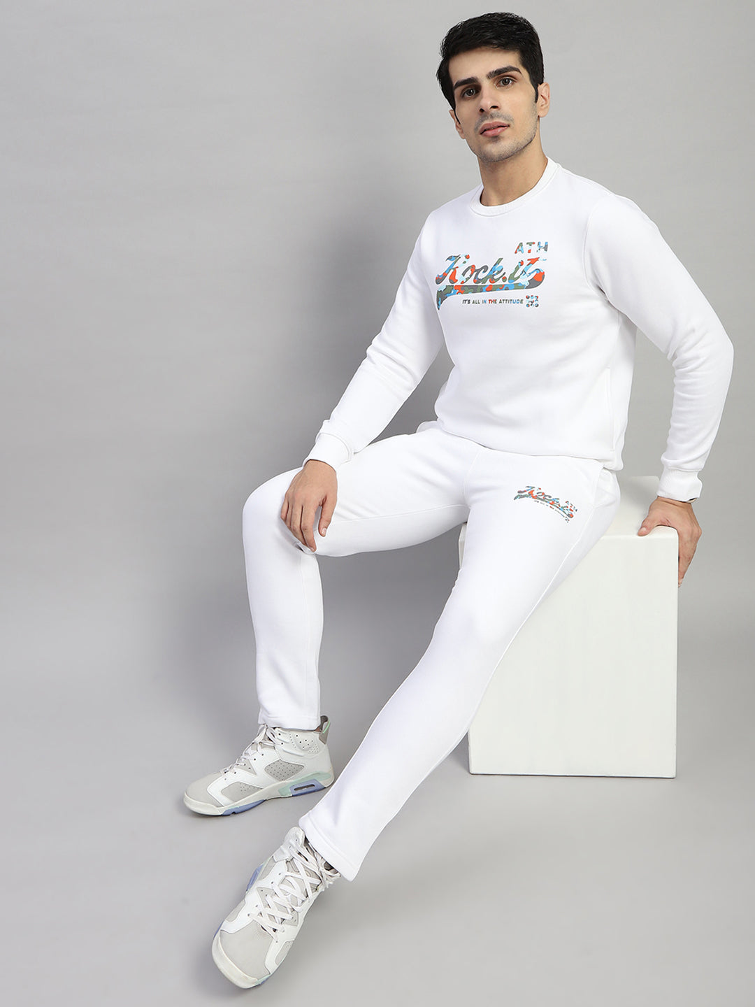 Men White Printed Round Neck Full Sleeve Winter Tracksuit