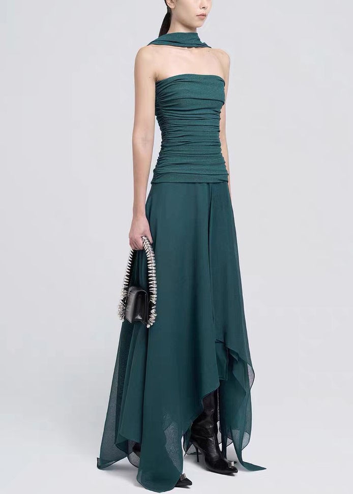Slim Fit Dark Green Cold Shoulder Wrinkled Cotton Maxi Dresses Sleeveless
