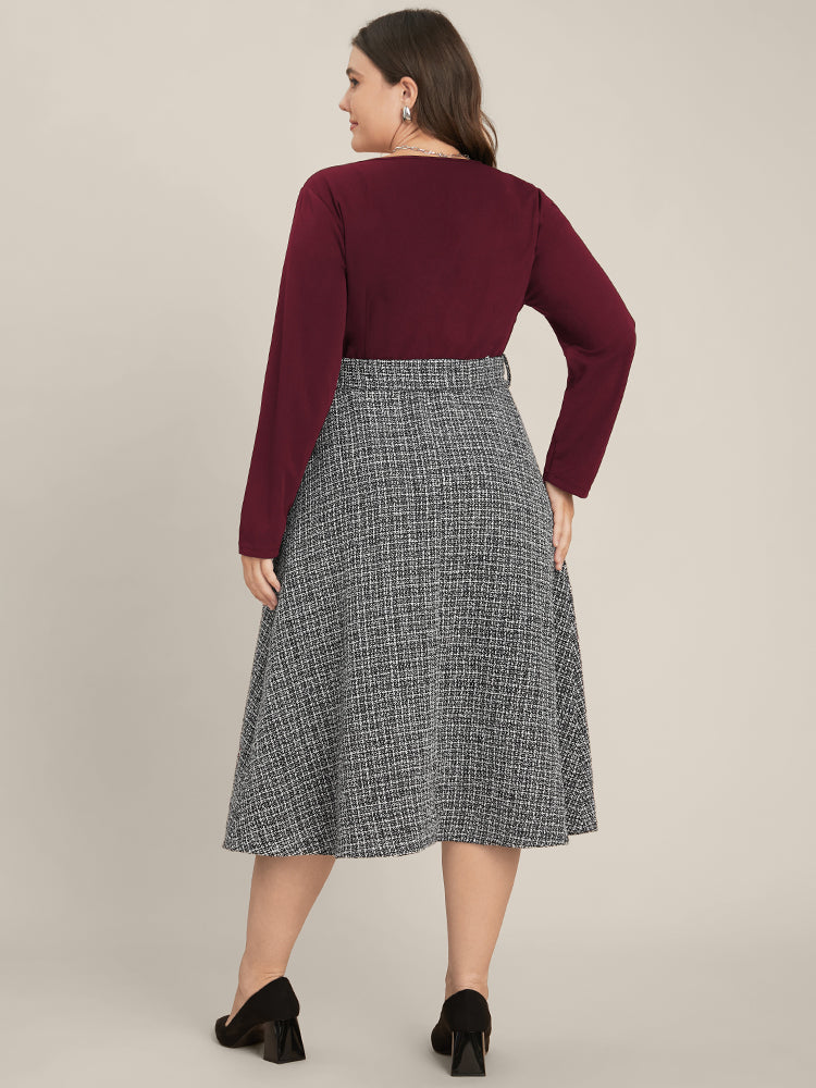 Plaid Patchwork Surplice Neck Belted Tweed Dress