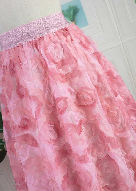 Gradient Color Pink Rose Embroidered Floral High Waist Tulle Maxi Skirt Spring