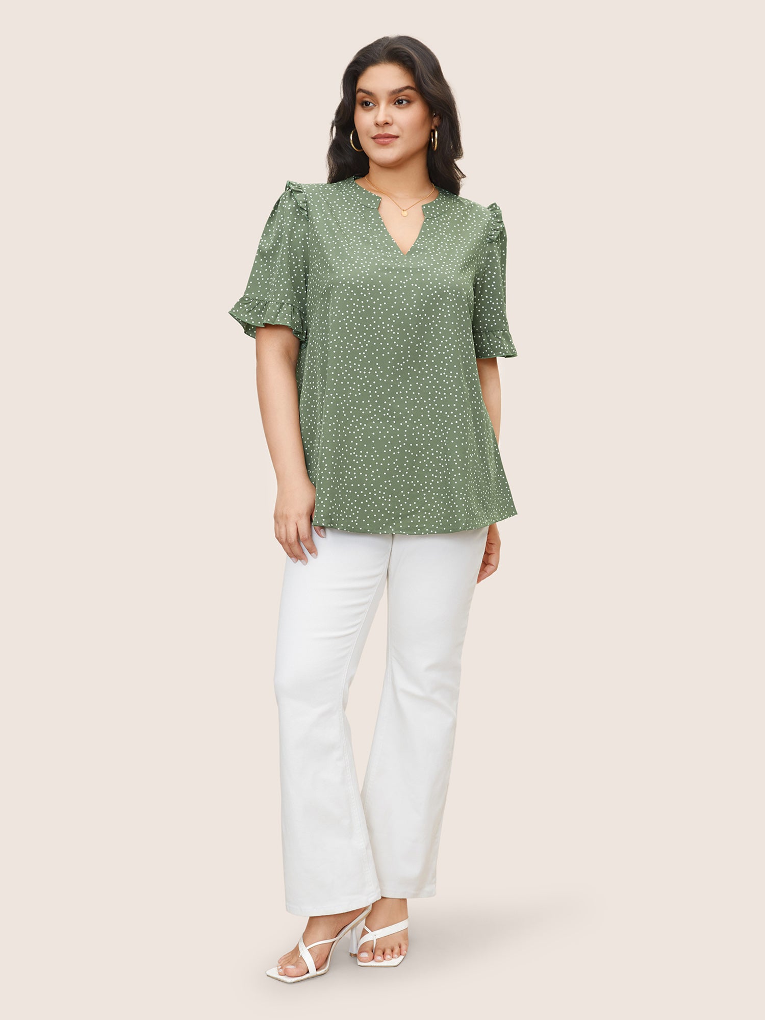 Polka Dot V Neck Ruffle Trim Blouse