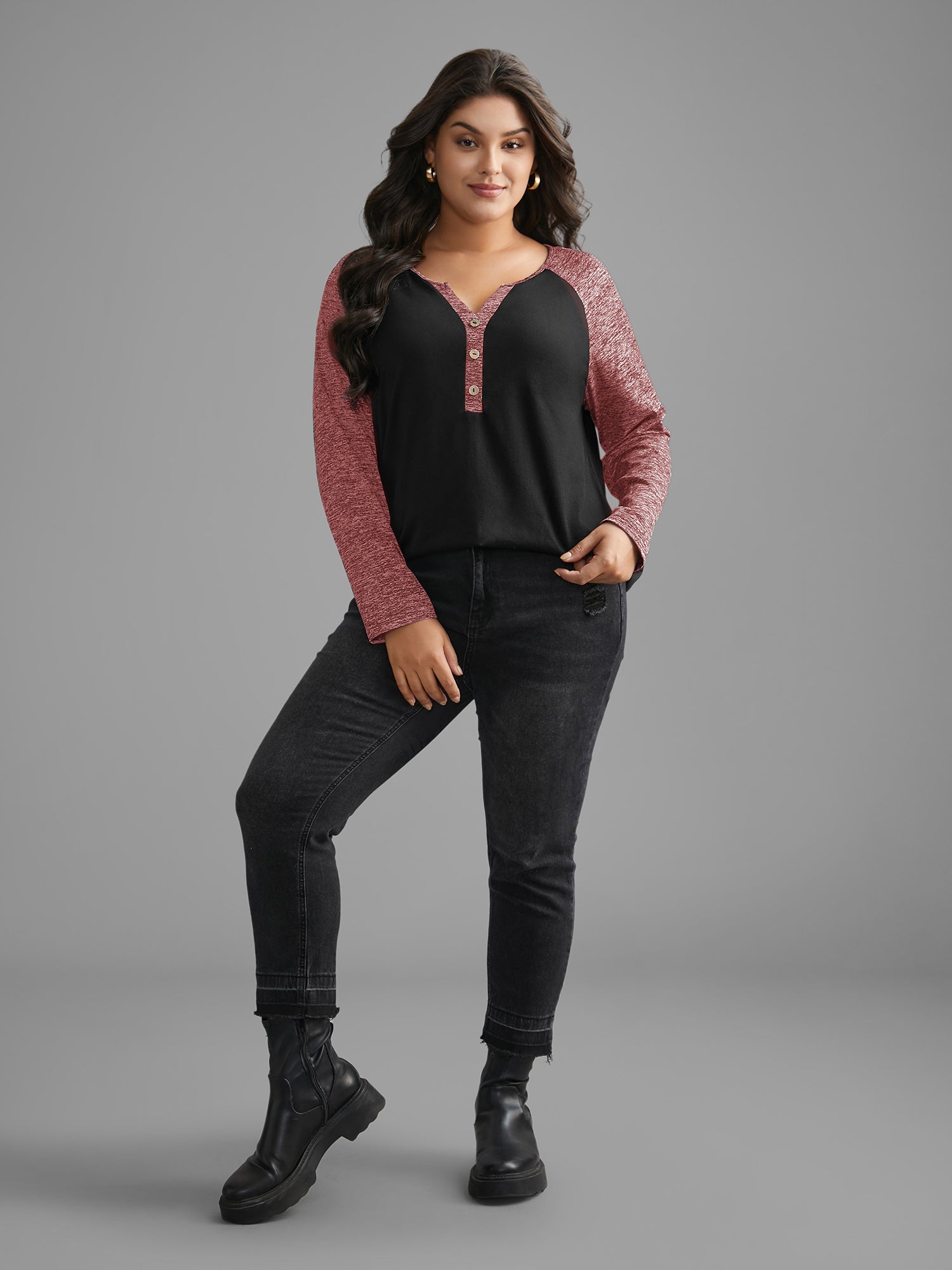 Heather Patchwork Button Detail Stretchy T-Shirt