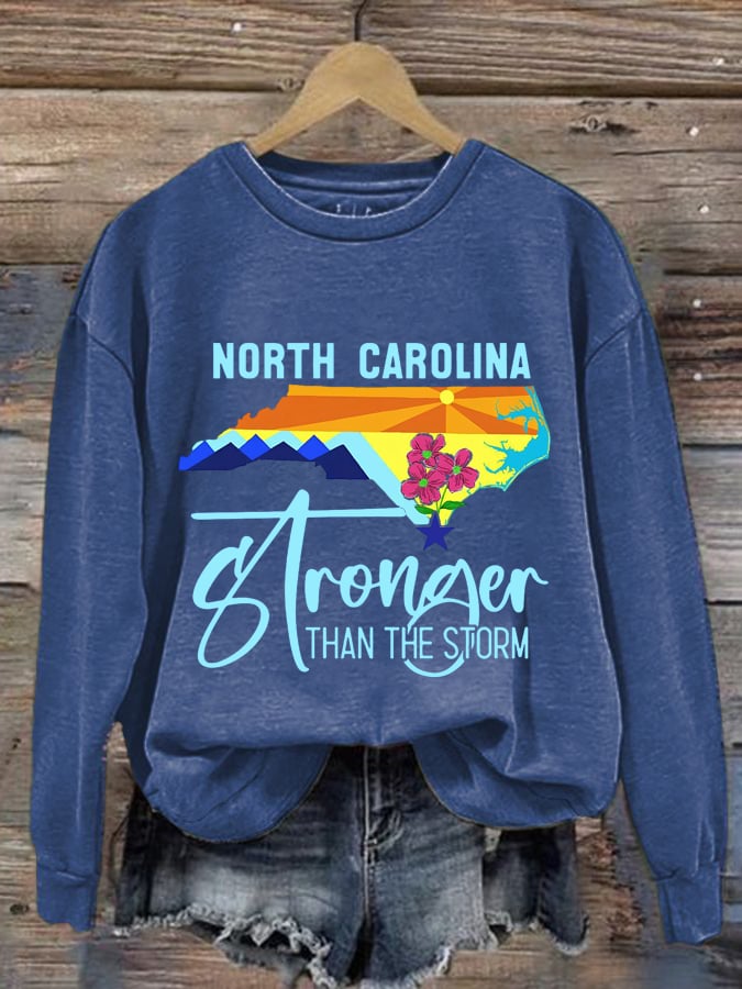 Women's North Carolina Stronger Than The Storm Print Round Neck Sweatshirt