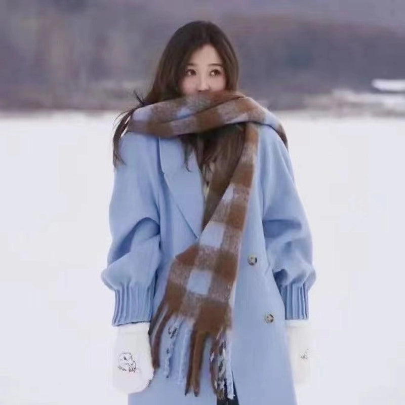 Black And White Plaid Mohair Tassel Scarf Women's Winter New Shawl Lengthened Fashionable Warm Scarf