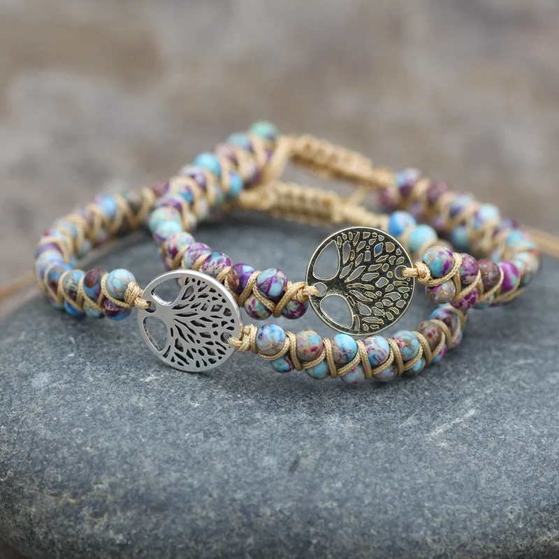 4mm Natural Stone Bracelet for Women African Turquoise Gemstone Bracelet Handwoven Tree of Life Crystal Bracelet