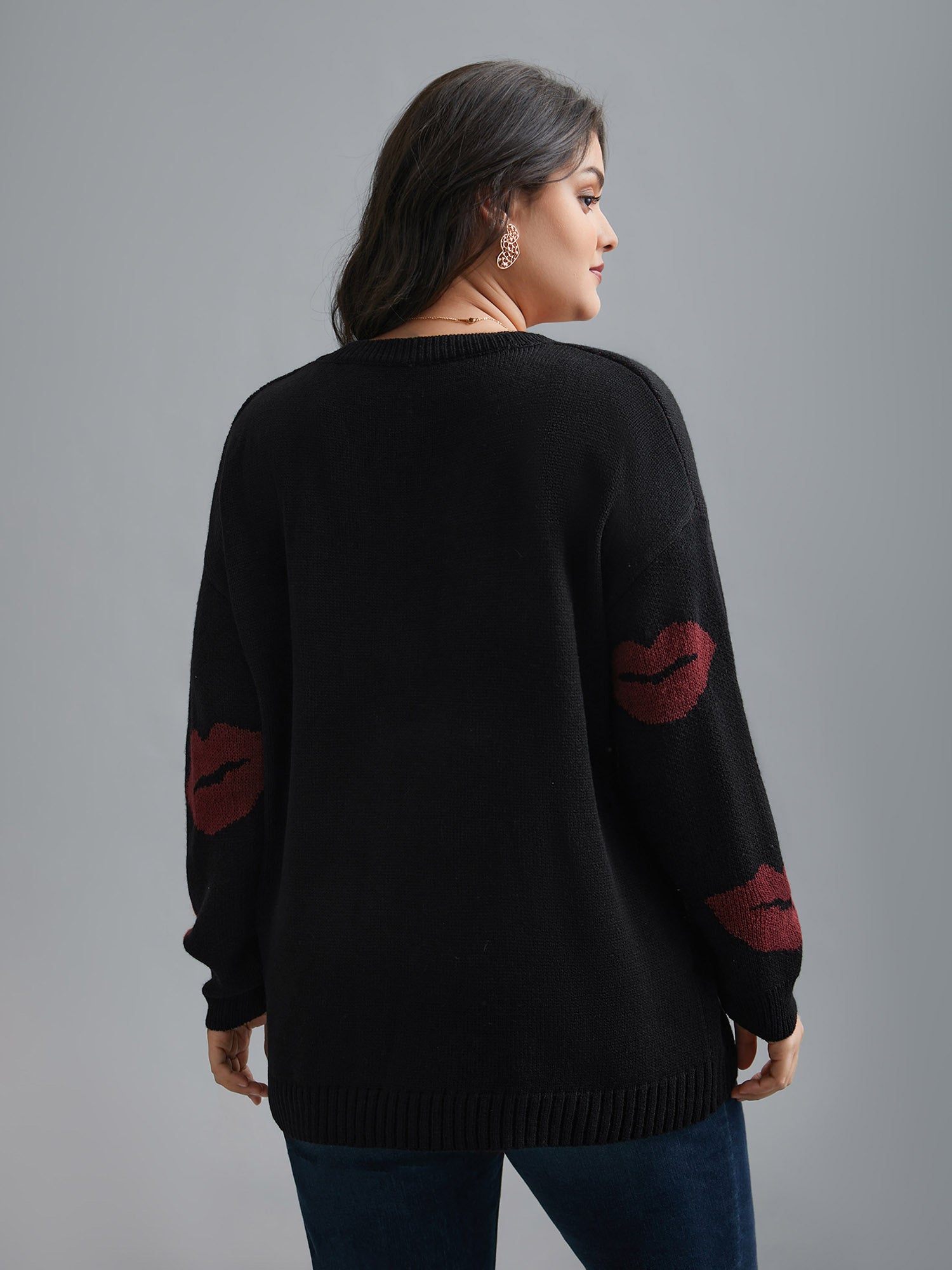 Lip Print Contrast Knit Pullover