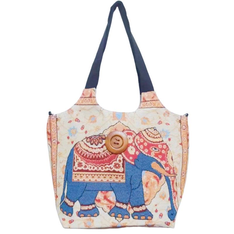 Women's Large Canvas Elephant Ethnic Style Square Zipper Shoulder Bag