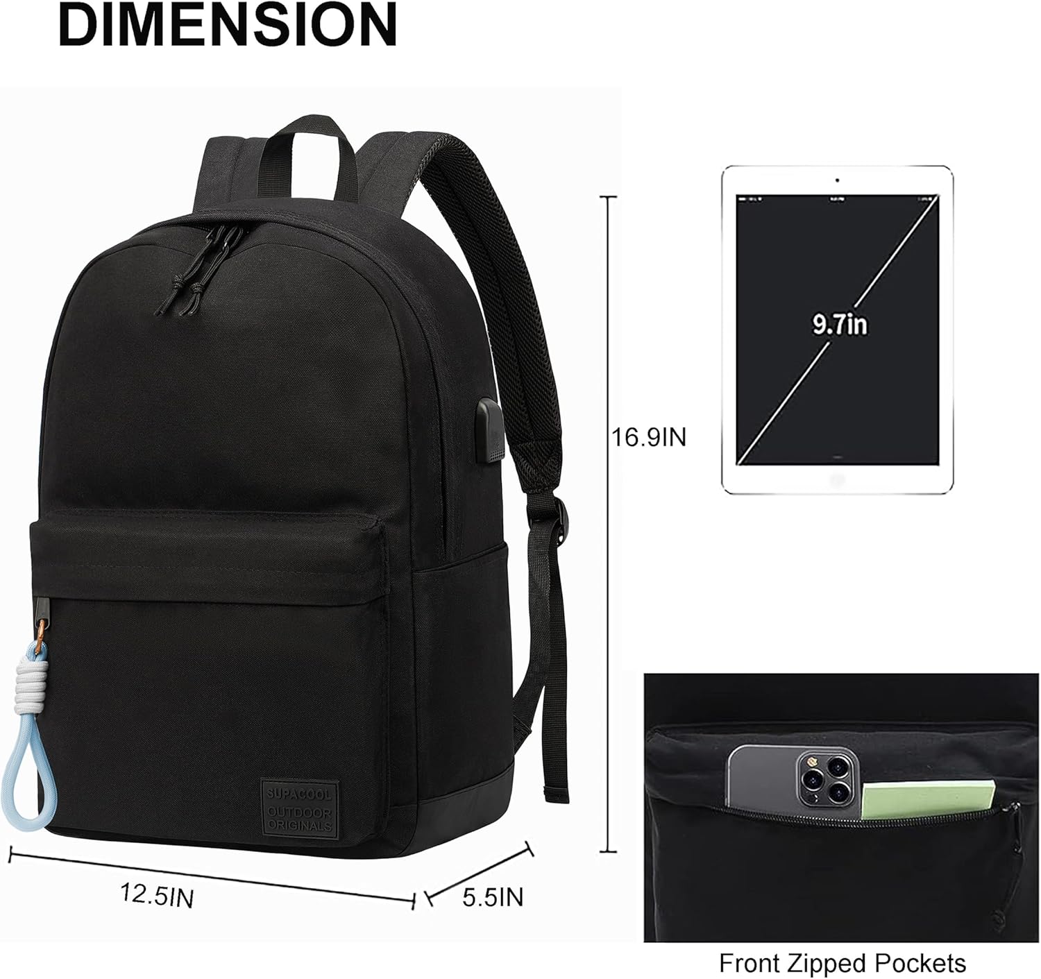 SUPACOOL Casual Laptop Backpack for Men and Women, School Backpack for Boys and Girls, College Bookbag, USB Charging Port, Lightweight Back Pack(Black)