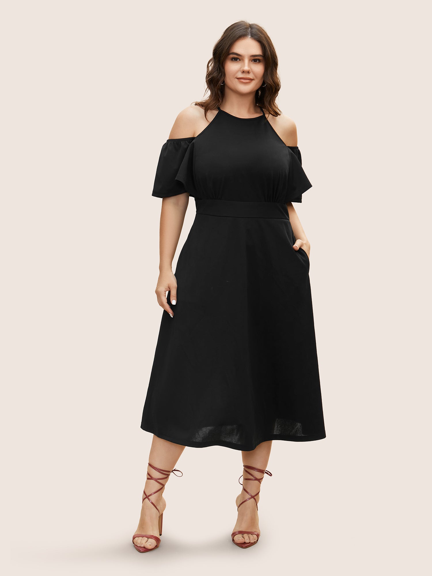 Cold Shoulder Flutter Sleeve Midi Dress