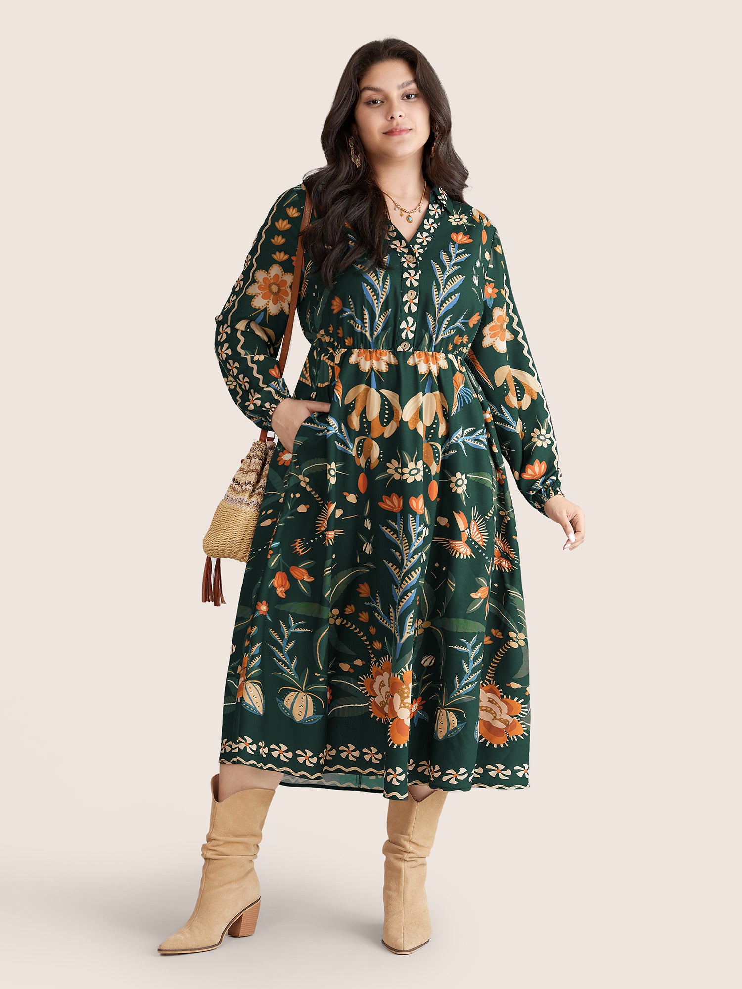 Bandana Print Pocket Lapel Collar Elastic Cuffs Dress